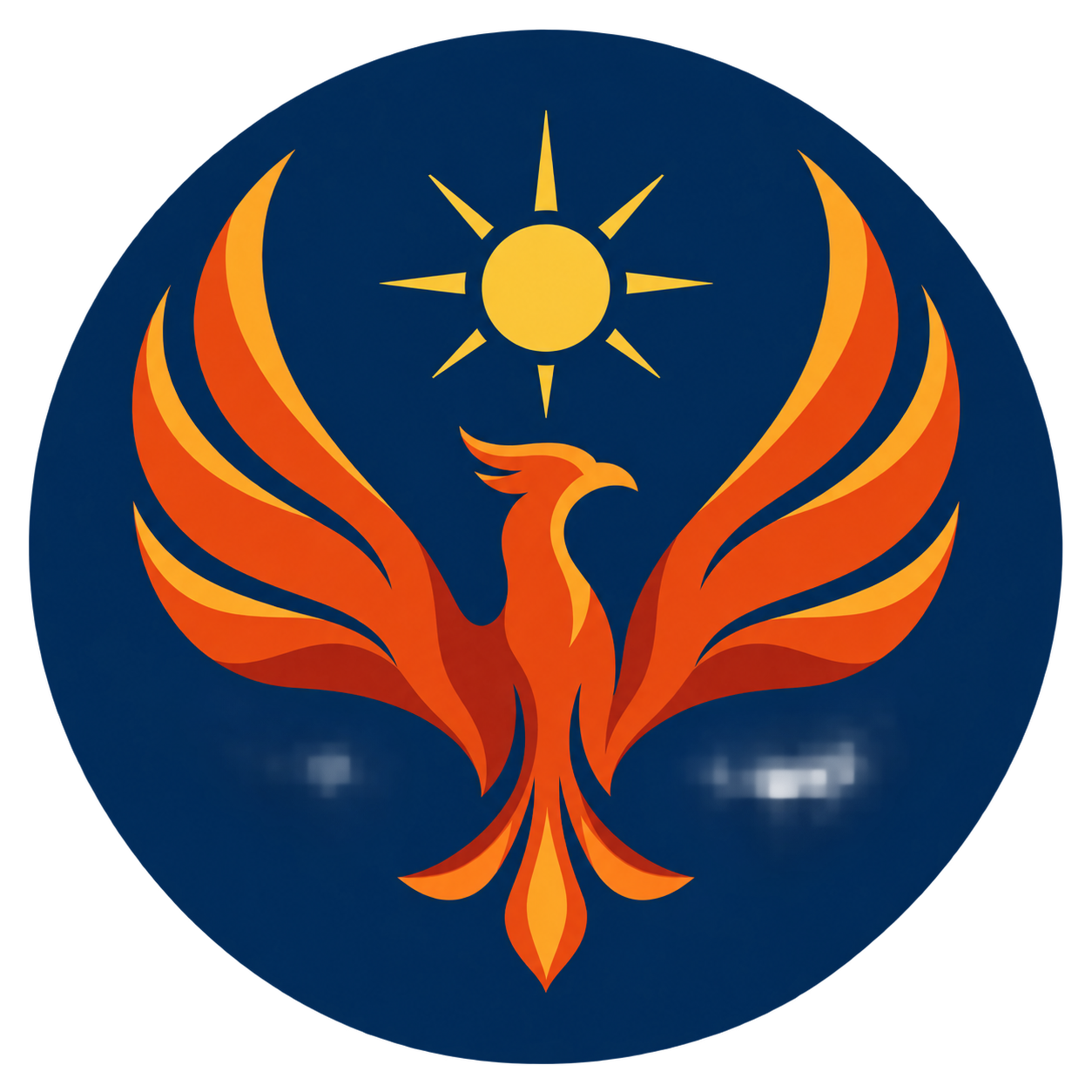 Orange and gold phoenix rising beneath a sun
